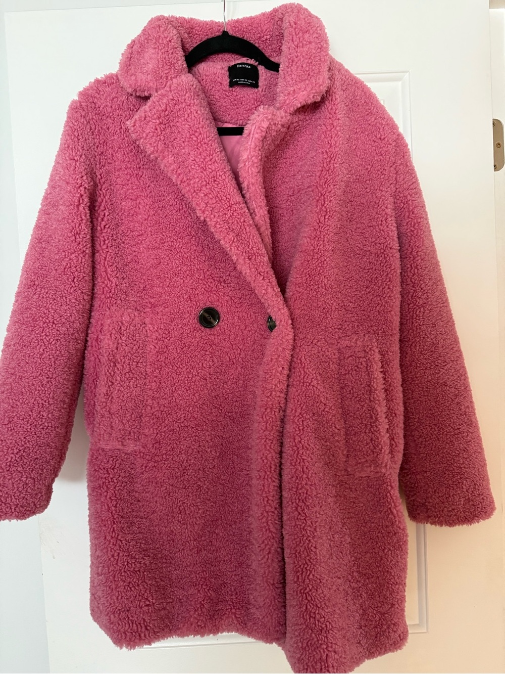 Bershka Plush Teddy Coat in Pink